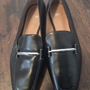 BOSS Black Leather Loafers with Silver Bar Detail